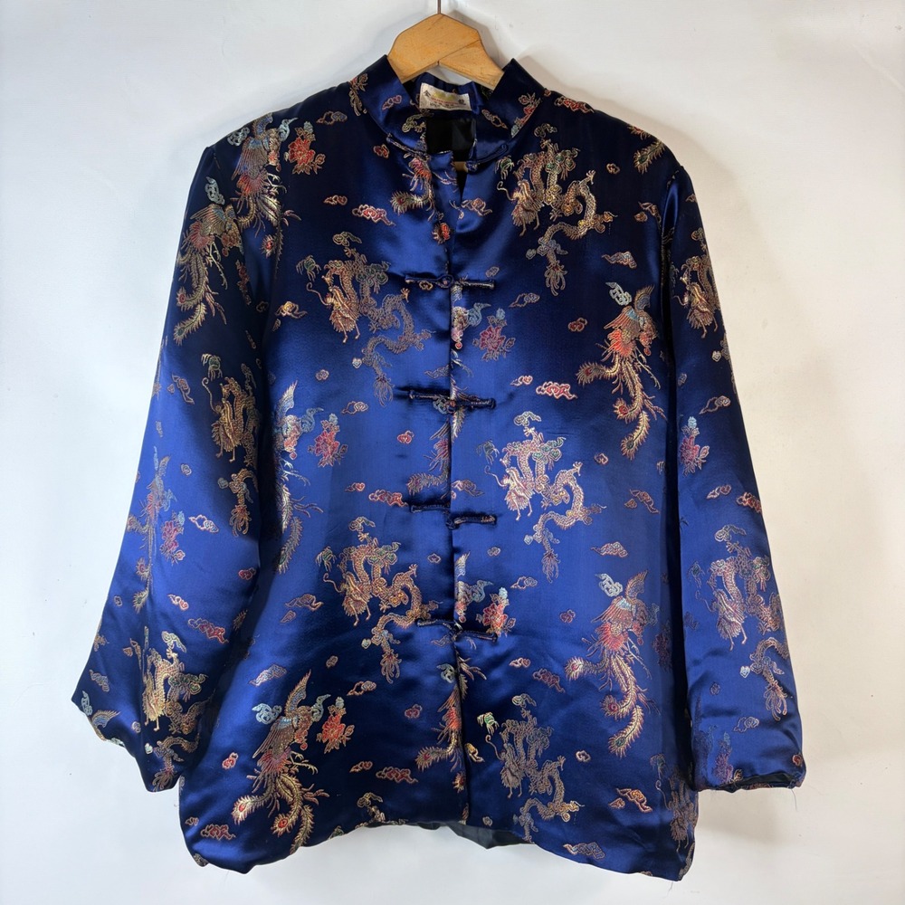 Golden Dragon Jacket Womens XXL Navy Blue Dragon Phoenix Brocade Frog Button